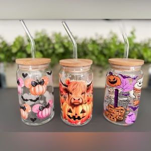 16oz. Halloween/Fall Glass cups with glass straw